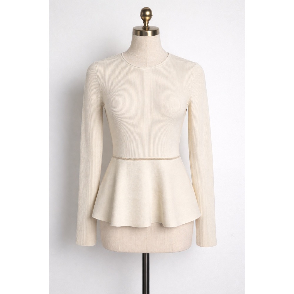 Theory Cream Ribbed Peplum Compact Crepe Knit Sweater Top Women's P (XS Petite)